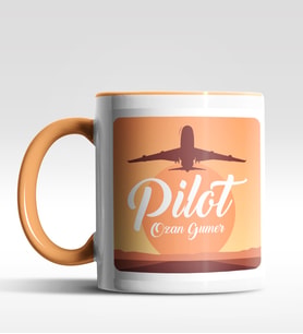 Kişiye Özel Kaptan Pilot Tasarımlı Siyah Kupa (Beyaz-Turuncu)