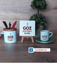 Göz Doktoru Hediye Seti Dekoratif Taş, Kalemlik, Ahşap Altlıklı Türk Kahvesi Fincanı Hediye Tıp Bayramı Hediyesi (Model 9)