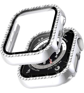 Apple Watch 44mm Ekran Koruyuculu Tek Sıra Kenar Taşlı Sert PC Kasa Koruyucu (Gümüş)