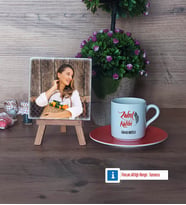 Zabıt Katibi Fotoğraflı Dekoratif Taş, Ahşap Altlıklı Türk Kahvesi Fincanı Hediye (Model 8)