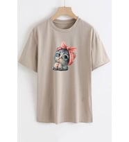 Unisex Sevimli Kedi Tasarım T-shirt (Bej)