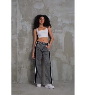 024 Kadın Penye Şeritli Püsküllü Paça Jeans Kot Denim Pantolon (Gri)