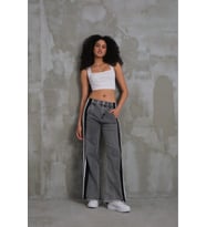 024 Kadın Penye Şeritli Püsküllü Paça Jeans Kot Denim Pantolon (Gri)