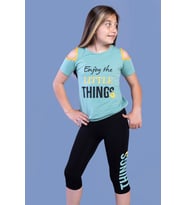 Toontoy Kız Çocuk Kolları Şerit Detaylı Baskılı Taytlı Takım (Yeşil)