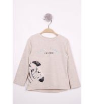 Toontoy Kız Çocuk Zebra Baskılı Nakışlı T-Shirt (Kahve Melanj)