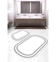 Dijital Baskılı Kaymaz Taban Yıkanabilir Oval 2'li Klozet Takımı Banyo Paspası NOKZ-HT-528 (Beyaz-Gri)