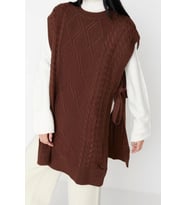 Stil Modern Kadın Midi Düşük Kol Bisiklet Yaka Tesettür Beli Bağlamalı Saç Örgülü Triko Süveter (Bronz)