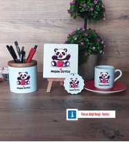 Sevimli Panda Hediye Seti Dekoratif Taş, Kalemlik, Ahşap Altlıklı Türk Kahvesi Fincanı, Ahşap Anahtarlık Hediye (Model 3)