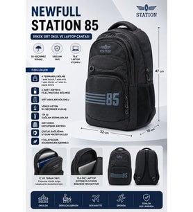 NEWFULL STATİON 85 ASTARLI SIRT VE OKUL ÇANTASI-LAPTOP BÖLMELİ (Siyah)