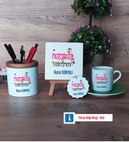 Matematik Öğretmeni Hediye Seti Dekoratif Taş, Kalemlik, Ahşap Altlıklı Türk Kahvesi Fincanı, Ahşap Anahtarlık Hediye (Model 9)