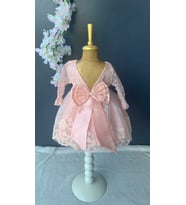 FURYA KİDS Kız Bebek 0-6 Ay Gelinlik Elbise 4 lü Mevlütlük Set Uzun Kollu Dantelli Premium Mevlütlük Elbise (Somon)