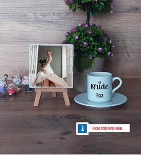 Bride Fotoğraflı Dekoratif Taş, Ahşap Altlıklı Türk Kahvesi Fincanı Hediye (Model 2)