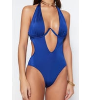 Kadın Moda Kapsız Askılı Derin V Yaka Siyah Balkonet Ters V Balenli High Leg Brazilian Mayokini (Lacivert)