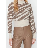 Kadın Modern Tarz Rahat Uzun Dik Yaka Zebra Kol Crop Triko Kazak (Vizon)