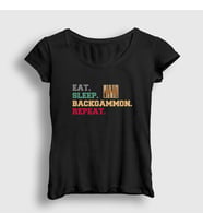 Presmono Kadın Beyaz Eat Sleep Backgammon Repeat Tavla T-Shirt 418181tt (Siyah)