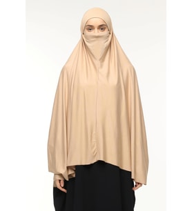 Kollu Sufle Çarşaf Üstü Peçeli Pratik Tesettür Hijab - Nikaplı Namaz Örtüsü (Koyu Bej)