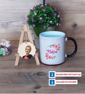 İsme Özel Kupa Bardak Beyaz ve Fotoğraflı Ahşap Anahtarlık Hediye (Model 9)
