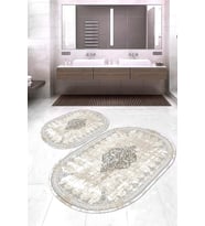 Dijital Baskılı Kaymaz Taban Yıkanabilir Oval 2'li Klozet Takımı Banyo Paspası NOKZ-SD-1125 (Bej)