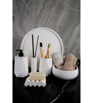 6 Parça Mermer Desenli Beton Banyo Seti Katı Sıvı Sabunluk Diş Fırçalığı Havluluk Tütsülük Tepsi (Beyaz)