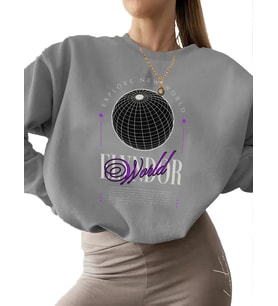 Sweatshirt Elyndor logolu tişört tasarımı Baskılı bisiklet yaka 3 iplik şardonlu kadın erkek kalın (Gri)