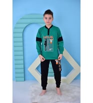 Yeni Sezon Erkek Çocuk Gez Garson Basketball Uzun Kollu Pamuk Penye Pijama Takımı 5060 (Yeşil)