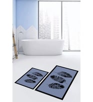EVDEYA Baskılı Yıkanabilir Renkli Yapraklı Desen İkili Banyo Halısı Klozet Takımı, KLOZET-26-BEYAZ, (Mavi)