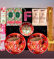 El Yapımı Çini Fincan Seti & Çini İkramlık & Harf Anahtarlık & Kahve & Tütsülük ve 1 Paket Tütsü & Kokulu Mendil & Hediye Kutusu (Kırmızı)