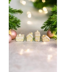 Dekoratif Beton 4'lü Yılbaşı Temalı Karlı Noel Evleri Biblo Seti Yılbaşı Süsleri Hediyelik 3x5cm (Sarı)