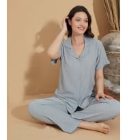 Gömlek Yaka Kısa Kol Pamuk Kadın Pijama Takımı (Gri)