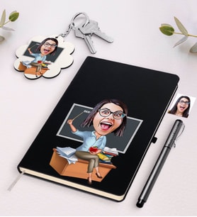 BK Gift Kişiye Özel Bayan Öğretmen Karikatürlü Beyaz Defter Kalem Ve Anahtarlık Hediye Seti-2 (Model 2)