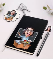 BK Gift Kişiye Özel Bayan Öğretmen Karikatürlü Beyaz Defter Kalem Ve Anahtarlık Hediye Seti-2 (Model 2)