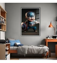 Metal Çerçeveli Temperli Cam Tablo Baby Captain America (Gümüş)