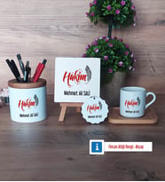 Hakim Hediye Seti Dekoratif Taş, Kalemlik, Ahşap Altlıklı Türk Kahvesi Fincanı, Ahşap Anahtarlık Hediye (Model 1)