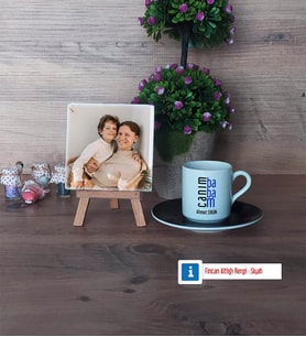 Babaya Hediye Fotoğraflı Dekoratif Taş, Ahşap Altlıklı Türk Kahvesi Fincanı Hediye (Model 7)
