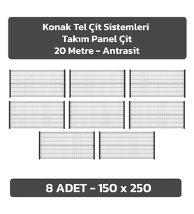 KONAK TEL ÇİT SİSTEMLERİ 8 ADET TAKIM PANEL ÇİT (8 ADET 150 CM X 250 CM PANEL ÇİT VE 8 ADET PANEL ÇİT DİREĞİ 150 CM) (Antrasit)
