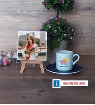 Müzik Öğretmeni Fotoğraflı Dekoratif Taş, Ahşap Altlıklı Türk Kahvesi Fincanı Hediye Öğretmenler Günü Hediyesi (Model 4)