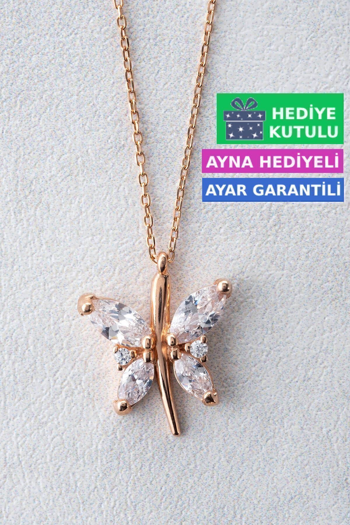 Jewelmim Gümüş Kelebek Kolye Rose Altın Kaplama Bayan Kelebekli Kolye 925 Ayar Kadın Gümüş Kelebek Kolyesi (Rose)