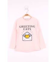 Toontoy Kız Çocuk Kedi Baskılı T-Shirt (Pudra)