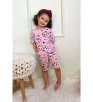 Kız Çocuk Pamuklu Penye Kumaş Şortlu Pijama Takımı  (Gri-Beyaz)