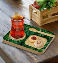 BK Gift Kişiye Özel Doğal Ahşap Kaşıklı Sunum Tabağı ve Heybeli Çay Bardağı Hediye Seti, Ev Hediyesi, Arkadaşa Hediye, Anneye Hediye, Doğum Günü Hediyesi (Model 16)