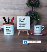 Arkadaşa Hediye Hediye Seti Dekoratif Taş, Kalemlik, Ahşap Altlıklı Türk Kahvesi Fincanı Hediye (Model 6)