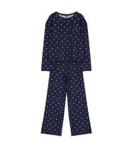 Tarz Rahat Uzun Kollu Boru Paça %100 Pamuklu Puantiye ve Kalp Desenli Örme Pijama Takımı (Lacivert)