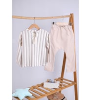 Babyhola Keten Gömlek Pantolon Kız Erkek Çocuk Takım 1751 (Krem)