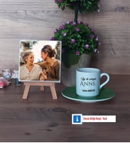 Anneye Doğum Günü Hediyesi Fotoğraflı Dekoratif Taş, Ahşap Altlıklı Türk Kahvesi Fincanı Hediye (Model 9)