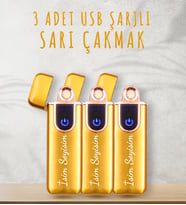 Kişiye Özel 3'lü Gold Rose Detaylı USB Şarjlı Dokunmatik Alevsiz Elektronik Çakma (Sarı)