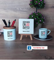 Dayıya Hediye Hediye Seti Dekoratif Taş, Kalemlik, Ahşap Altlıklı Türk Kahvesi Fincanı Hediye (Model 7)