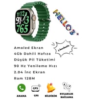 Hello Watch 3+ Plus 2024 Yeni Nesil 3 Kordonlu Amoled Ekranlı 4 GB Dahili Hafızalı Aksesuar Bağlantılı Akıllı Saat (Yeşil)