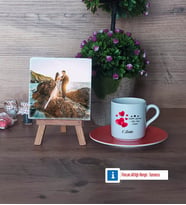 Sevgililer Günü Hediyesi Fotoğraflı Dekoratif Taş, Ahşap Altlıklı Türk Kahvesi Fincanı Hediye (Model 8)