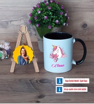 Unicorn Kupa Bardak Beyaz ve Fotoğraflı Ahşap Anahtarlık Hediye (Model 11)
