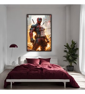 Metal Çerçeveli Temperli Cam Tablo Film Karakteri Deadpool (Siyah)